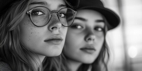 Two girls in mirrored image, modern, casual attire, youthful, friendship, urban style, fashion-conscious