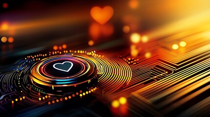 Futuristic design featuring a glowing heart symbol on a digital circuit board with vibrant lights.