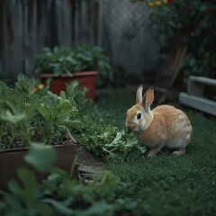 A rabbit nibbling on greens near a vegetable bed, telephoto lens, shot at dusk for a soft mood.