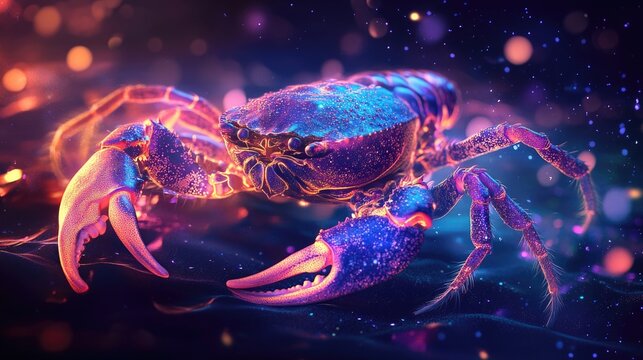 Vibrant artistic rendering of a crab with glowing blue shell on cosmic background.