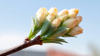Fototapeta premium Close-up of blossoming buds on a twig against a clear blue sky