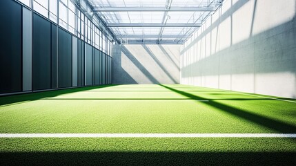 Empty indoor green sports court with sunlight.