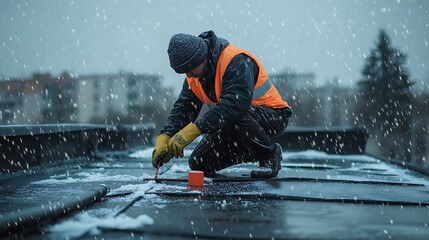 A worker kneeling on a rooftop, addressing water accumulation and snow, wearing gloves and a high-visibility vest in cold weather conditions