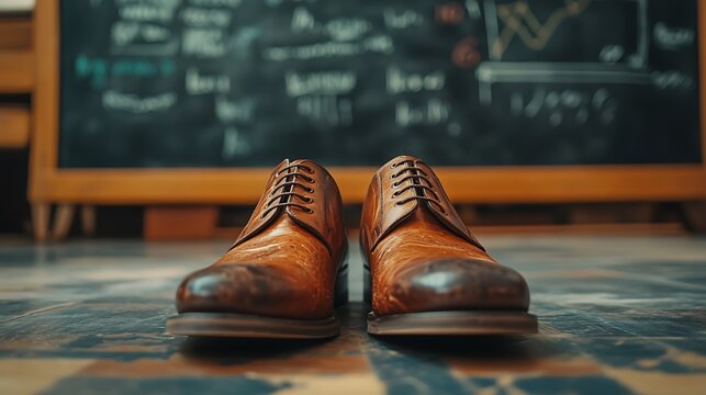 A close-up of formal brown shoes on a dusty floor with faint chalk outlines, blurred blackboard with bold equations and diagrams in the background,