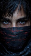Hidden Gaze: Eyes, Mystery, Scarf, Concealment, Dark, Intense, Portrait, Expression, Secret, Shadow