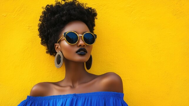Elegant Ethiopian model in a chic blue gown, bold black lipstick, and stylish sunglasses, radiating against a bright yellow background.