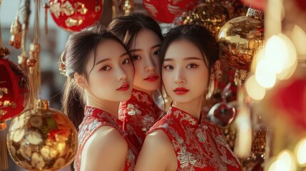 Elegant young women in cheongsams, posing near a festive display of firecrackers and golden ornaments at a Lunar New Year event