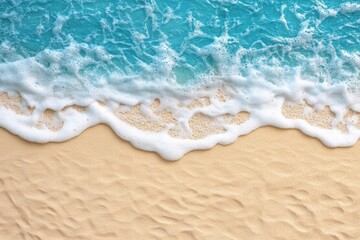 Fototapeta premium Aerial Top View of Beautiful Turquoise Ocean Waves Gently Breaking on Soft Sandy Beach with Clear Blue Sky Above in a Stunning Landscape Composition