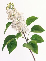 Branch with lilac flowers and green leaves