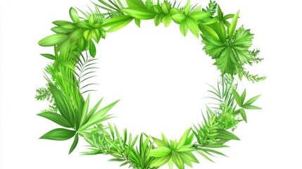Green leafy wreath with a white background. The wreath is made up of various types of green leaves and is very detailed