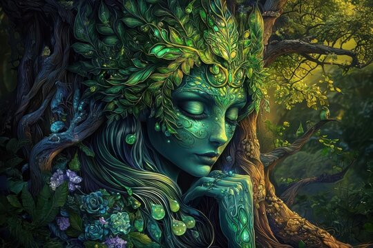 A stunning representation of a dryad goddess in harmony with nature.
