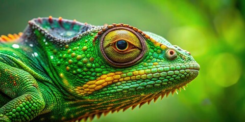 Obraz premium Generative AI captures a chameleon portrait, its green skin blending seamlessly with the background, exhibiting adaptation and change.