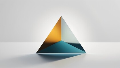 Abstract metallic triangular prism with gold, teal, and white sections, casting a shadow on a light gray surface.