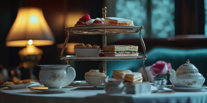 Buffet of cakes and pastries, ready for afternoon tea or a formal dessert course at an elegant indoor event.