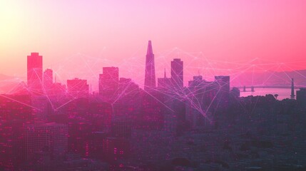 Fototapeta premium Futuristic neural network overlay on San Francisco skyline, vibrant gradient tones connecting nodes with an innovative energy