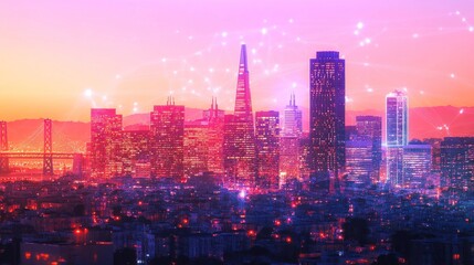Fototapeta premium Futuristic neural network overlay on San Francisco skyline, vibrant gradient tones connecting nodes with an innovative energy
