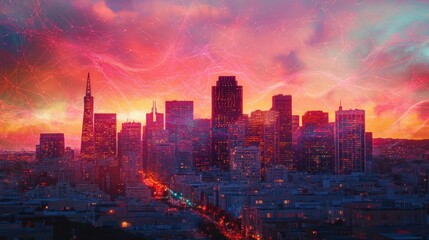 Obraz premium Futuristic neural network overlay on San Francisco skyline, vibrant gradient tones connecting nodes with an innovative energy