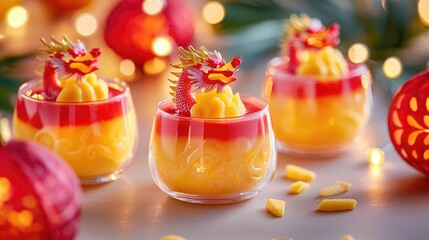 Fototapeta premium Mango pudding shaped into dragon motifs, glowing lanterns and vibrant red and gold festive elements creating a unique display
