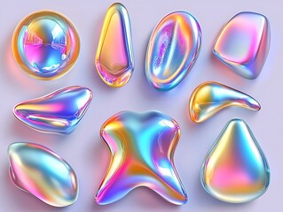 Collection of 3D Holographic Geometric Shapes with Soft Light Effects, Pastel Gradient Colors, and Glossy Surface Perfect for Abstract Artwork