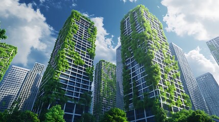 Fototapeta premium Eco-friendly skyscrapers with green plants growing on rooftops, symbolizing sustainable urban development and the integration of nature in city environments