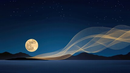 A glowing full moon with supernatural light beams cascading across a starlit sky, creating a cosmic dreamscape