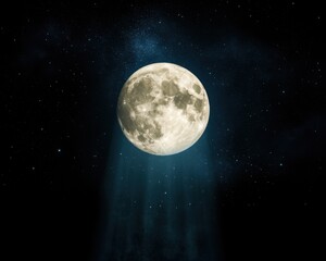 A mystical sky with the moon glowing brilliantly, supernatural beams blending with a sea of glittering stars