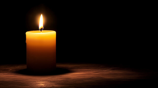 Single candle glowing on a table in a dark room, symbolizing power outage and minimalistic simplicity with ample copy space for design.