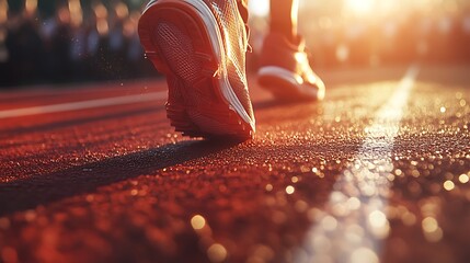 A dynamic close-up of cleats mid-stride on a textured running track, blurred cheering spectators in the background, intense sunlight casting long shadows, cinematic sharpness, hd quality. --ar 16:9