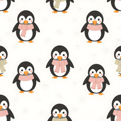Fototapeta premium Playful seamless pattern with pastel-colored penguins wearing scarves, surrounded by snowflakes.