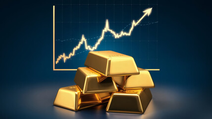 Illustration of gold bars stacked with a rising graph in the background, symbolizing the increasing value of gold investment and price trends.