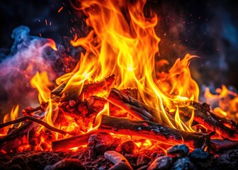 High-detail fire images:  Red and yellow flames blaze in stunning night photography realism.
