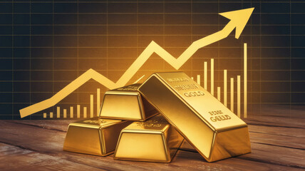Illustration of gold bars stacked with a rising graph in the background, symbolizing the increasing value of gold investment and price trends.