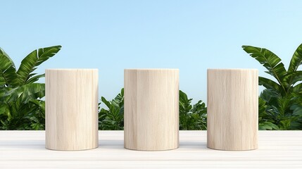 Minimalist wooden cylinders against tropical foliage in natural setting