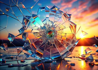 High-resolution,  alpha-channeled 4K render of realistically fragmented glass, panoramic perspective.