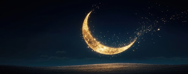 The crescent moon glowing in mystical hues, stars orbiting in radiant harmony amidst supernatural beams