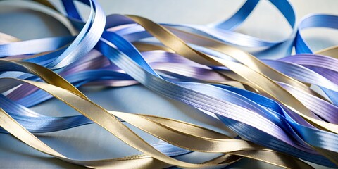 Luxurious Interwoven Ribbons in Metallic Gold, Purple, and Blue with Shimmering Highlights