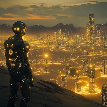 artistic depiction of an AI automaton mapping glowing cities on an alien desert world
