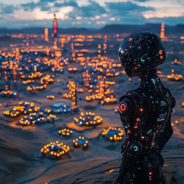 artistic depiction of an AI automaton mapping glowing cities on an alien desert world