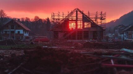 Obraz premium Sunset House Construction Site New Home Building Scaffolding Real Estate