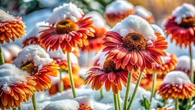 High-resolution image:  Gerbera daisies dusted with snow, a breathtaking winter Christmas floral scene.