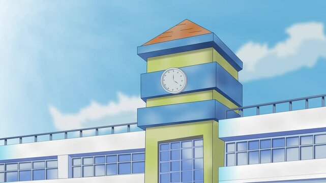 The exterior of a Japanese school with a clock tower combines functionality and subtle elegance suitable for anime scene footage