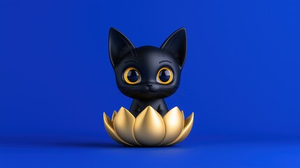 Cute black cat with golden eyes in a lotus flower on blue background
