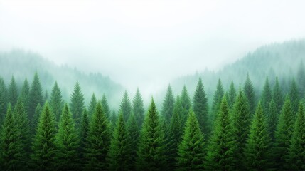 Fototapeta premium Misty morning in evergreen forest with lush green pine trees