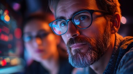 Two professionals intensely focused on a screen, showcasing teamwork and technological expertise. Mentoring Information analyst junior