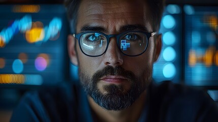 A close-up portrait of a concentrated programmer working late at night, with a computer screen reflected in his glasses. Information Security measurement