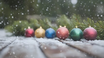 Colorful Christmas Ornaments Resting On Snowy Wood