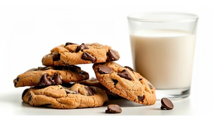 105. Freshly baked chocolate chip cookies with a glass of milk, Isolated, White background, Editorial Photography, Studio lighting, Magazine foods style