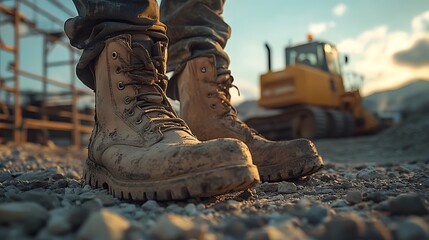 A low-angle shot of muddy boots firmly planted on rough gravel, blurred scaffolding with hanging tools and a distant bulldozer in the background, intense midday sunlight creating strong shadows,