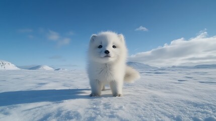A fluffy white puppy stands on a snowy landscape under a clear blue sky.