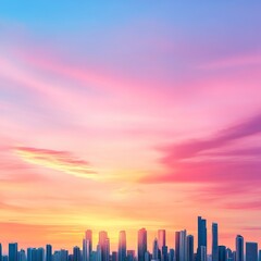 Fototapeta premium beautiful sunset over the city skyline on the right side of the image, complemented by a soft pastel background that evokes tranquility